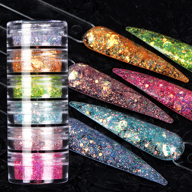 6Box/Set Mix Hatszögletű körömdíszítő flitter AB színes csillogó pigment manikűr dekorációs kiegészítők barkácsolás gél köröm mintákhoz