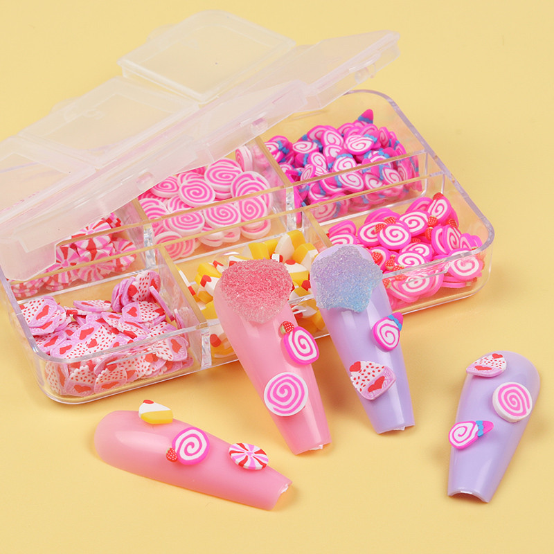 6 ląsteles / rinkinys Pink Girly Nail Tips Dekoracijos Kawaii akrilo molio pjaustytų dribsnių priedai mielam „pasidaryk pats“ gelio manikiūro dizainui