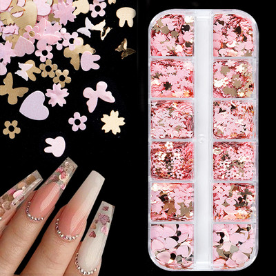 Kawaii Rózsaszín flitteres körömdíszítő készlet 3D aranypehely pillangó virág szív körömdíszítő varrás alkatrészei UV gél manikűr tervezéshez