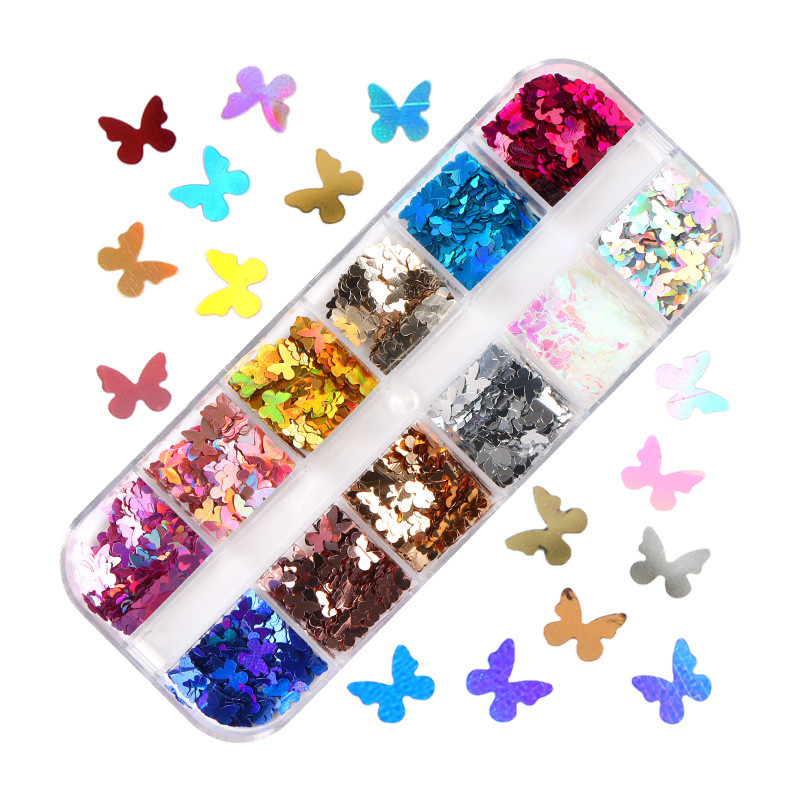 Kawaii Rózsaszín flitteres körömdíszítő készlet 3D aranypehely pillangó virág szív körömdíszítő varrás alkatrészei UV gél manikűr tervezéshez