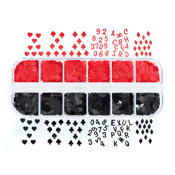 12 πλέγματα 3D τραπουλόχαρτα Παγιέτες νυχιών Γούρια Καρδιά Αλφάβητο Plum Poker Flakes Διακόσμηση για Νύχια Προμήθειες Αξεσουάρ