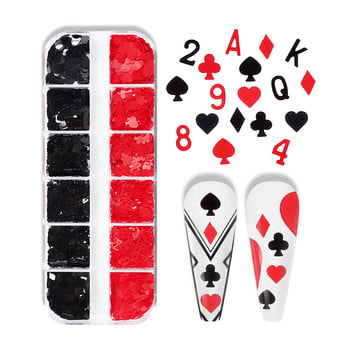 12 πλέγματα 3D τραπουλόχαρτα Παγιέτες νυχιών Γούρια Καρδιά Αλφάβητο Plum Poker Flakes Διακόσμηση για Νύχια Προμήθειες Αξεσουάρ