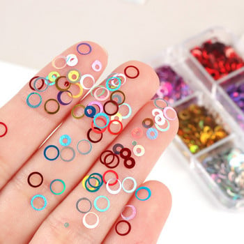 6 решетки Холографски пръстен със смесени размери Блестящи пайети за нокти Аксесоари Кръгли люспи Консумативи за декорация на маникюр за UV гел нокти