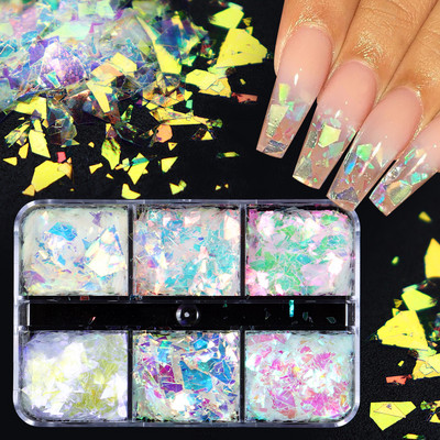 6 tinklelių holografinis mišraus dydžio žiedas nagų blizgučiais priedai Apvalūs žvyneliai manikiūro dekoravimo reikmenys UV gelio nagams