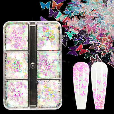 6 tinklelių holografinis mišraus dydžio žiedas nagų blizgučiais priedai Apvalūs žvyneliai manikiūro dekoravimo reikmenys UV gelio nagams