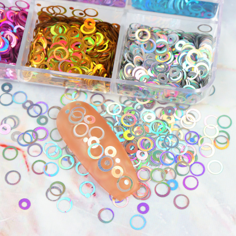 6 tinklelių holografinis mišraus dydžio žiedas nagų blizgučiais priedai Apvalūs žvyneliai manikiūro dekoravimo reikmenys UV gelio nagams