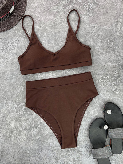 Új 4 színű, bordás, párnázott, magas derekú bikini női fürdőruha Női fürdőruha Kétrészes bikini szett fürdőruha Swim V3768