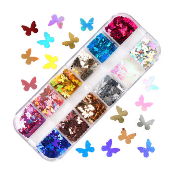 12 Grids Holographic Butterfly Nails Glitter Sequins Laser Colorful Flakes για UV Gel Polish Διακοσμητικά νυχιών Αξεσουάρ