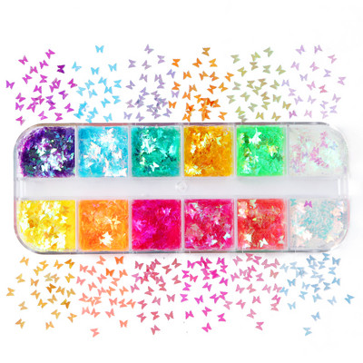 12 Grids Holographic Butterfly Nails Glitter Sequins Laser Colorful Flakes για UV Gel Polish Διακοσμητικά νυχιών Αξεσουάρ