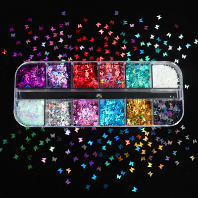 12 Grids Holographic Butterfly Nails Glitter Sequins Laser Colorful Flakes για UV Gel Polish Διακοσμητικά νυχιών Αξεσουάρ