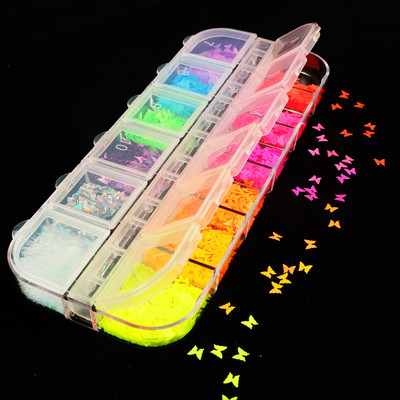 12 Grids Holographic Butterfly Nails Glitter Sequins Laser Colorful Flakes για UV Gel Polish Διακοσμητικά νυχιών Αξεσουάρ