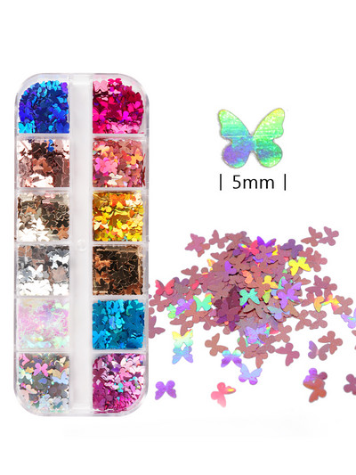 12 Grids Holographic Butterfly Nails Glitter Sequins Laser Colorful Flakes για UV Gel Polish Διακοσμητικά νυχιών Αξεσουάρ