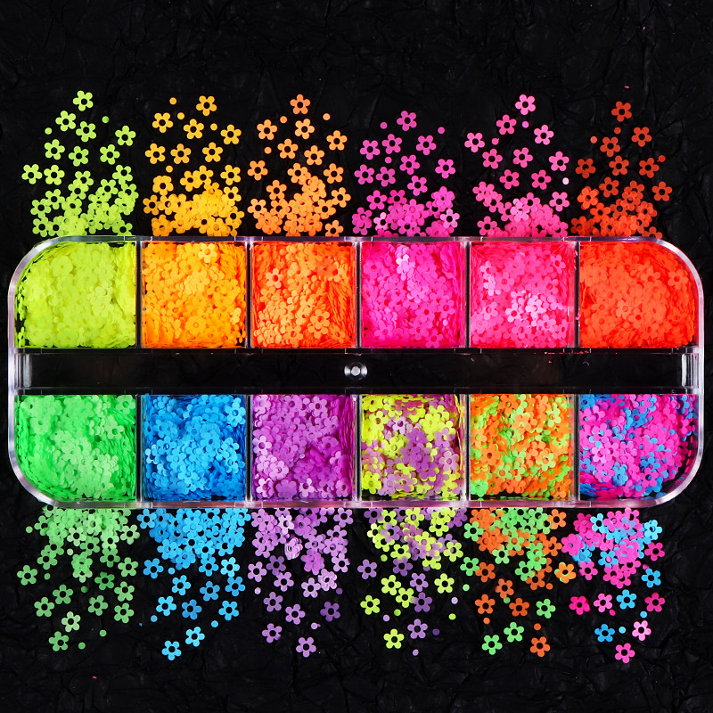 Kawaii Neon Flower flitteres körömdíszítés Ultra Flake vegyes színű sziromos manikűr alkatrészkészlet professzionális UV-fényezésű körmökhöz