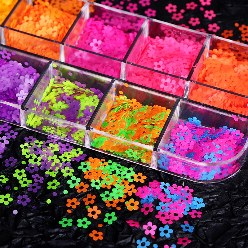 Kawaii Neon Flower flitteres körömdíszítés Ultra Flake vegyes színű sziromos manikűr alkatrészkészlet professzionális UV-fényezésű körmökhöz
