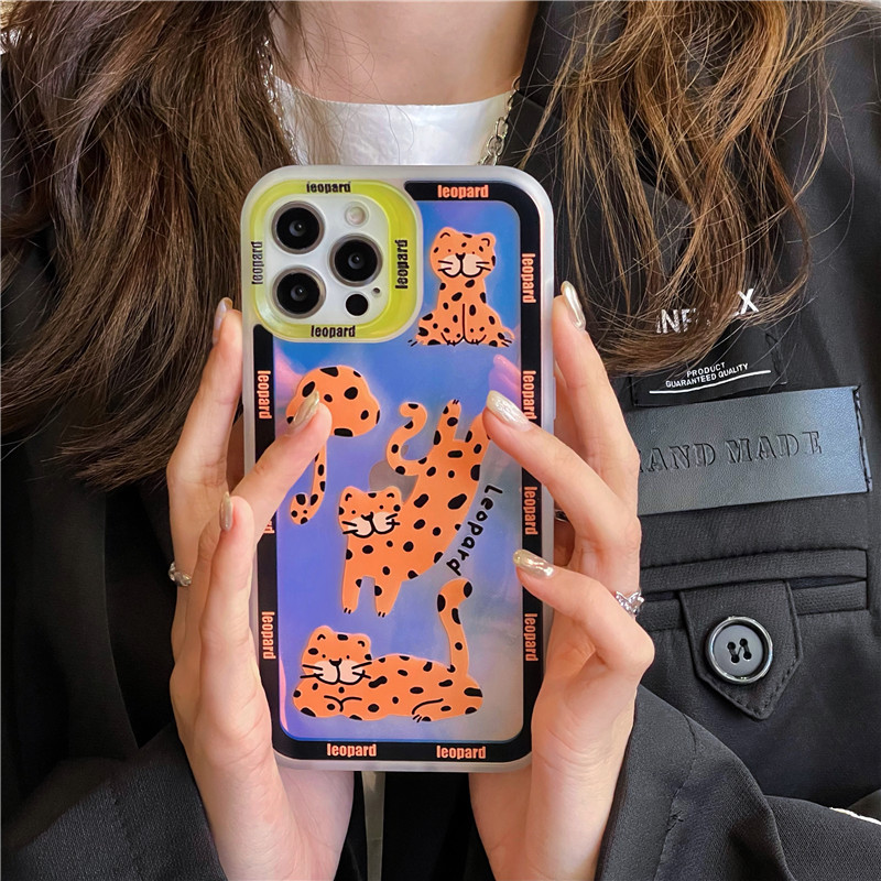 Χαριτωμένη θήκη τηλεφώνου Cartoon Leopard Laser για iPhone 14 14Pro 13 12 11 Pro Max XR XS X Προστασία φακού Clear soft κάλυμμα TPU