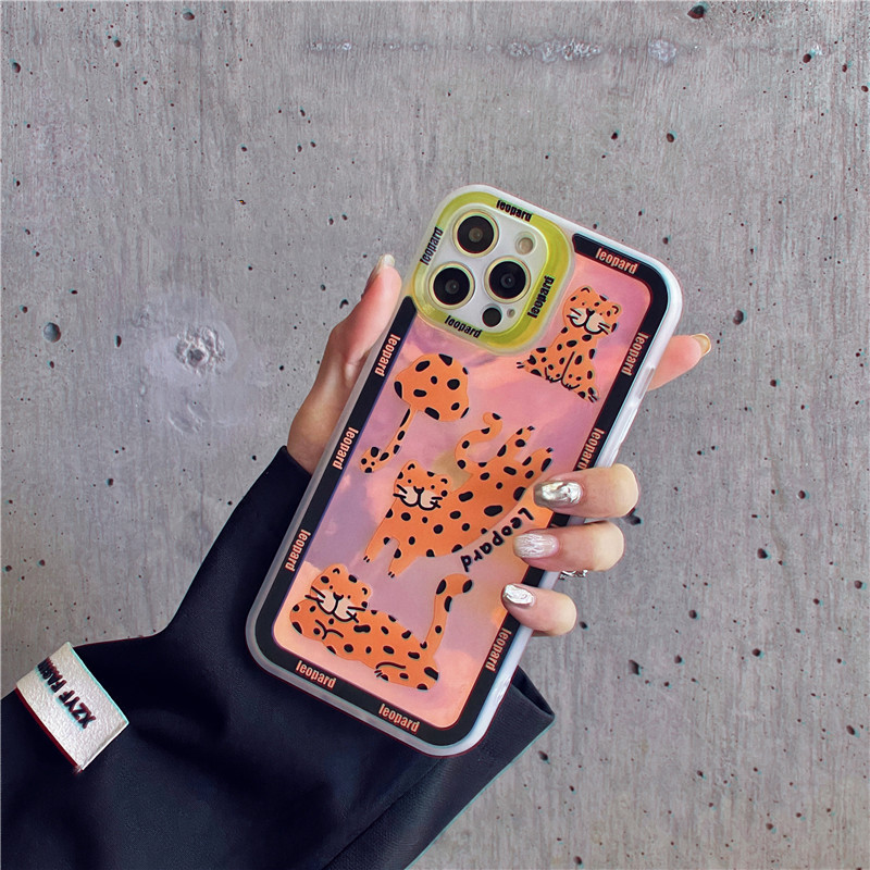 Χαριτωμένη θήκη τηλεφώνου Cartoon Leopard Laser για iPhone 14 14Pro 13 12 11 Pro Max XR XS X Προστασία φακού Clear soft κάλυμμα TPU