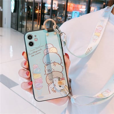 Χαριτωμένη θήκη τηλεφώνου Sumikko Gurashi Wristband για iPhone 14 14Pro 13 12 11 Pro XS Max SE XR 8 Plus Cartoon Lanyard Κάλυμμα με λουράκι καρπού