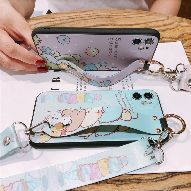 Χαριτωμένη θήκη τηλεφώνου Sumikko Gurashi Wristband για iPhone 14 14Pro 13 12 11 Pro XS Max SE XR 8 Plus Cartoon Lanyard Κάλυμμα με λουράκι καρπού