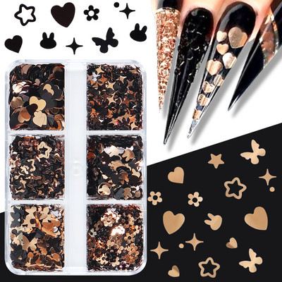 6 Režģi Melns Zelts Butterfly Nail Glitter Sequins Jauktas ziedu zvaigznes formas pārslas Daļas DIY Kawaii nagu rotājumi Aksesuāri