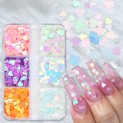 Mermaid Heart Glitter Sequins Nail Art Dekorācijas komplekts Pārslains manikīra aksesuāri Valentīna dienai UV želejas nagu uzgaļu dizains
