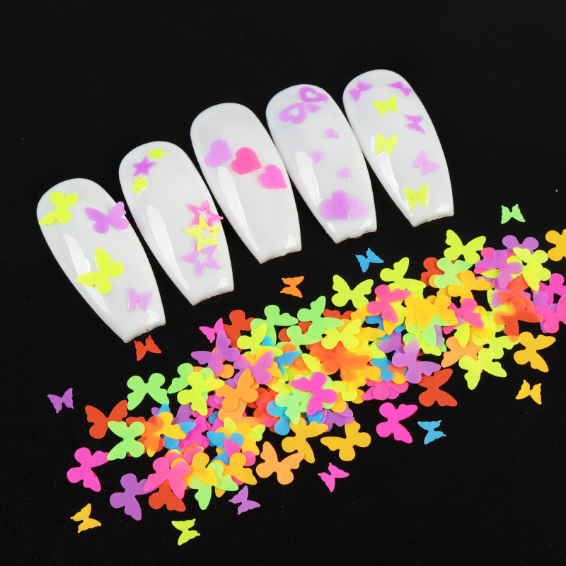 Neon színű vegyes formájú flitterek körömművészet kiegészítők Flake Butterfly Love Star manikűr kellékek barkácsoláshoz gél körömvégek díszítés