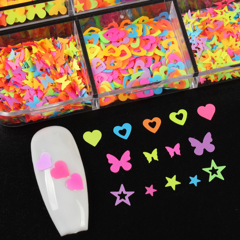Neon színű vegyes formájú flitterek körömművészet kiegészítők Flake Butterfly Love Star manikűr kellékek barkácsoláshoz gél körömvégek díszítés