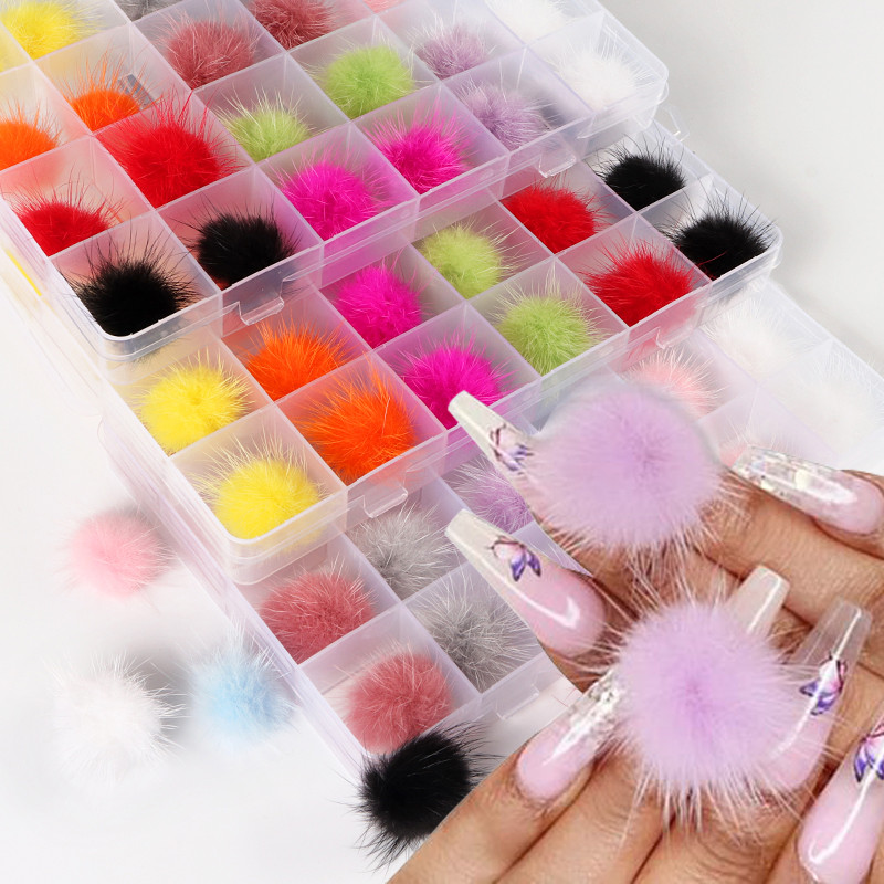 24 vnt / rinkinys Spalvingi pomponai pliušiniai nagų papuošimai Minkštas plaukų kamuoliukas, nuimamas magnetas, mados dalys, nagų reikmenys, priedai