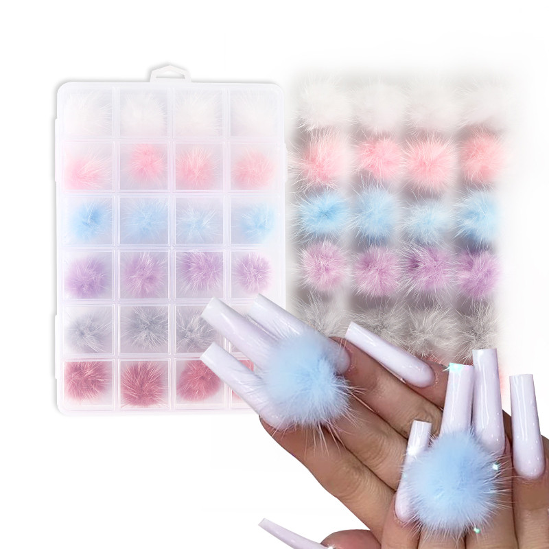 24 vnt / rinkinys Spalvingi pomponai pliušiniai nagų papuošimai Minkštas plaukų kamuoliukas, nuimamas magnetas, mados dalys, nagų reikmenys, priedai