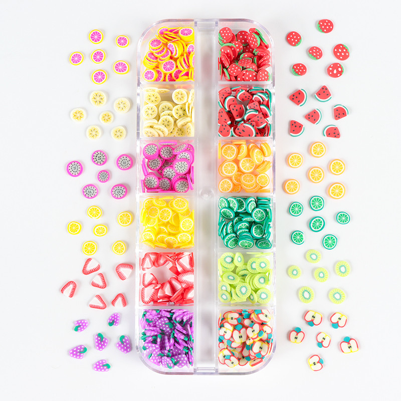 4 Σετ Φρούτα κομμένα σε φέτες Διακοσμητικά νυχιών φράουλα κεράσι λεμόνι πορτοκάλι αβοκάντο καρπούζι Flaky Clay Nail Charm Kit