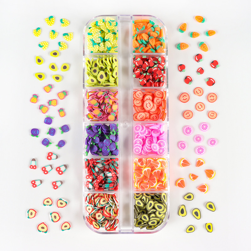 4 Σετ Φρούτα κομμένα σε φέτες Διακοσμητικά νυχιών φράουλα κεράσι λεμόνι πορτοκάλι αβοκάντο καρπούζι Flaky Clay Nail Charm Kit