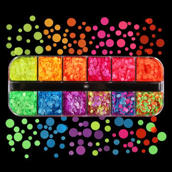 12 Grids Fluorescence Circle Sequins Διακοσμήσεις 1/2/3mm Neon Round Nail Art Glitter Flakes Charms Αναλώσιμα νυχιών DIY Αξεσουάρ