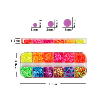 12 Grids Fluorescence Circle Sequins Διακοσμήσεις 1/2/3mm Neon Round Nail Art Glitter Flakes Charms Αναλώσιμα νυχιών DIY Αξεσουάρ