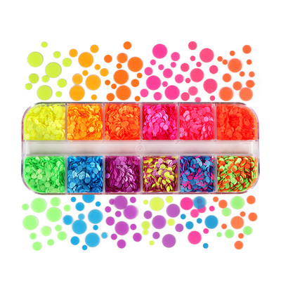 12 režģi fluorescences apļa fliteru rotājumi 1/2/3 MM Neona apaļa nagu māksla mirdzošas pārslas piekariņi DIY nagu piederumi aksesuāri
