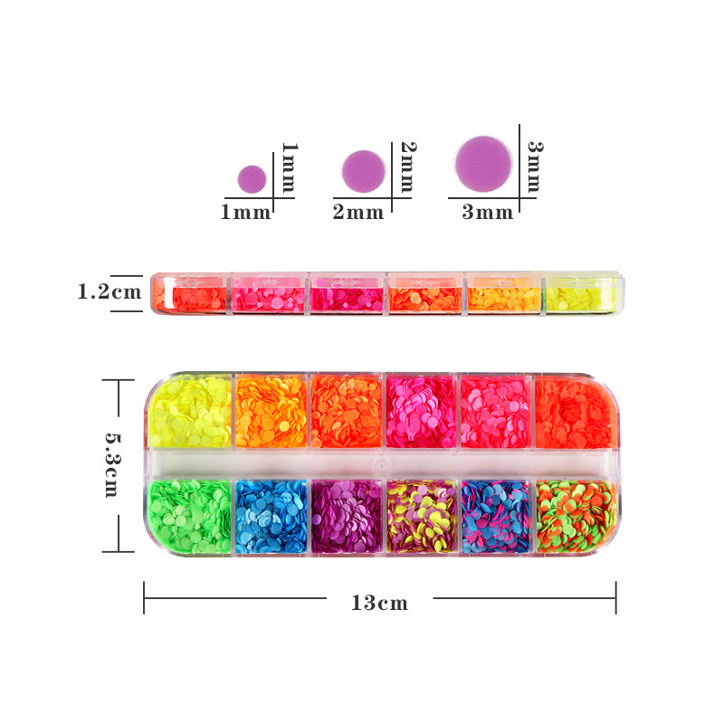 12 tinklelių fluorescenciniai apskritimai blizgučiai Dekoracijos 1/2/3 mm Neoninis apvalus nagų dailė Blizgučiai dribsniai Charms DIY Nagų reikmenys Priedai