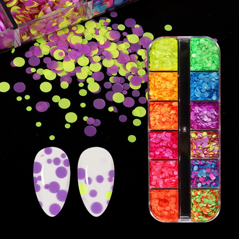 12 tinklelių fluorescenciniai apskritimai blizgučiai Dekoracijos 1/2/3 mm Neoninis apvalus nagų dailė Blizgučiai dribsniai Charms DIY Nagų reikmenys Priedai
