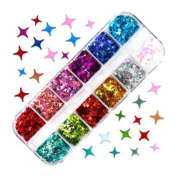 12 Grids Holographic Four-Pointed Star Nail Art Sequins Laser Flakes Decoration DIY Προμήθειες νυχιών για επαγγελματίες Αξεσουάρ