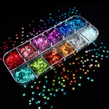 12 Grids Holographic Four-Pointed Star Nail Art Sequins Laser Flakes Decoration DIY Προμήθειες νυχιών για επαγγελματίες Αξεσουάρ