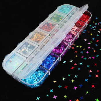 12 Grids Holographic Four-Pointed Star Nail Art Sequins Laser Flakes Decoration DIY Προμήθειες νυχιών για επαγγελματίες Αξεσουάρ