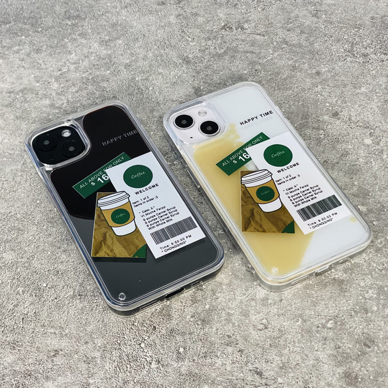 Ochranné puzdro Ins Coffee Label Liquid Quicksand pre iPhone 11 12 13 Pro Max X XR XS Max, priehľadné, nárazuvzdorné zadné puzdro