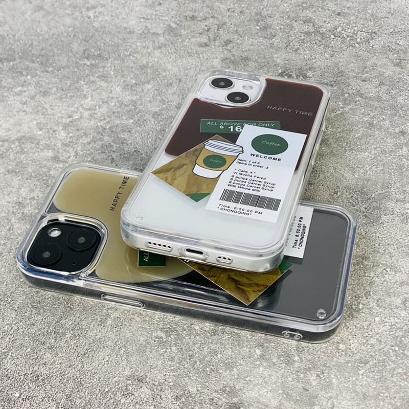 Ochranné puzdro Ins Coffee Label Liquid Quicksand pre iPhone 11 12 13 Pro Max X XR XS Max, priehľadné, nárazuvzdorné zadné puzdro