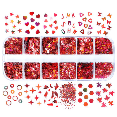 Holografski crveni leptir za nokte Svjetlucave šljokice Laser Javorov list Zvjezdasti krug Razni oblici Pahuljice Dodaci za ukrašavanje noktiju