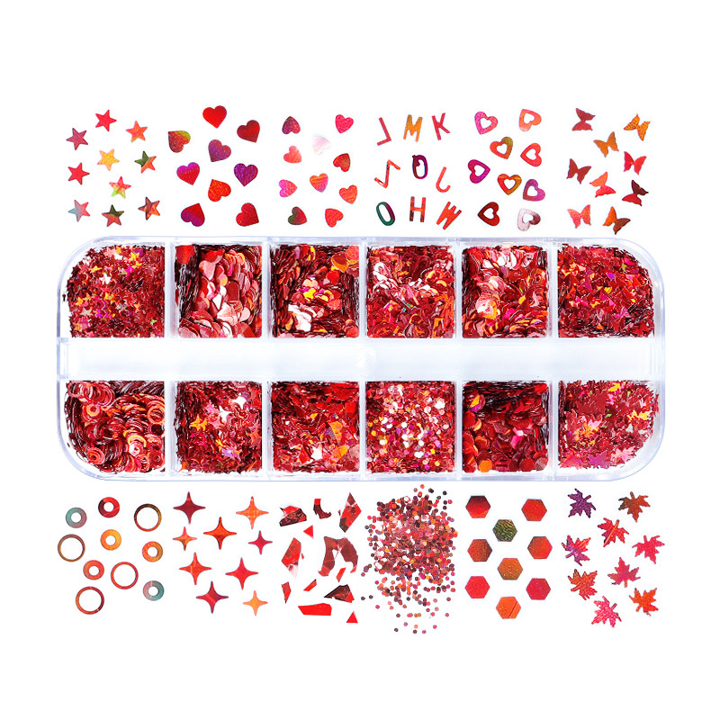 Holografski crveni leptir za nokte Svjetlucave šljokice Laser Javorov list Zvjezdasti krug Razni oblici Pahuljice Dodaci za ukrašavanje noktiju