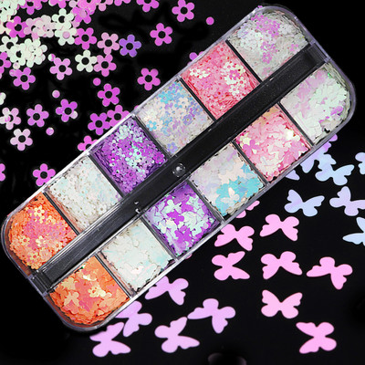 3D Tauriņš Ziedu Glitter Šķēle Nail Art Sequins Gaismas mainīgas Pārslas lakas Manikīrs Nagu dekorēšanas aksesuāri