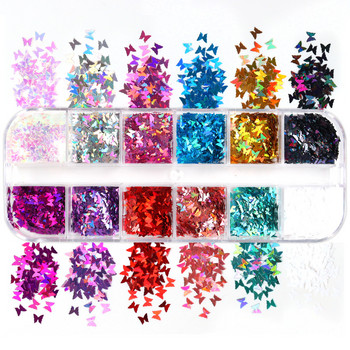 12 Grids Holographic Butterfly Nails Glitter Sequins Laser Gold Silver Flakes Πολύχρωμες διακοσμήσεις νυχιών Αξεσουάρ Εργαλεία