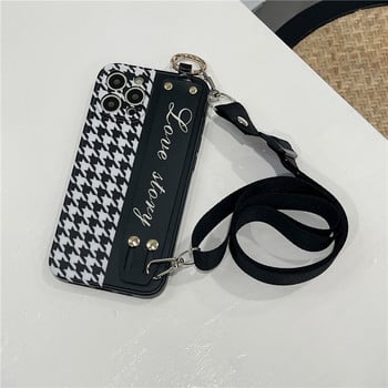 Калъф за телефон INS Houndstooth Wristband за iPhone 14 14Pro Max 13 12 Pro 11 XS XR 8 Plus Crossbody Каишка за каишка Заден капак