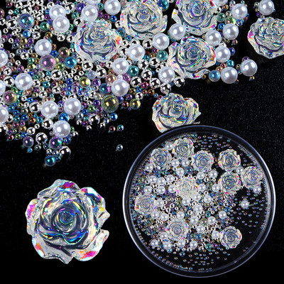 1Box Aurora AB Crystal Rose Flower Nail Art Dekoráció Strasszkő gyöngy gyöngy design Barkács köröm Kiegészítők Kellékek Profi