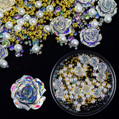 1Box Aurora AB Crystal Rose Flower Nail Art Dekoráció Strasszkő gyöngy gyöngy design Barkács köröm Kiegészítők Kellékek Profi
