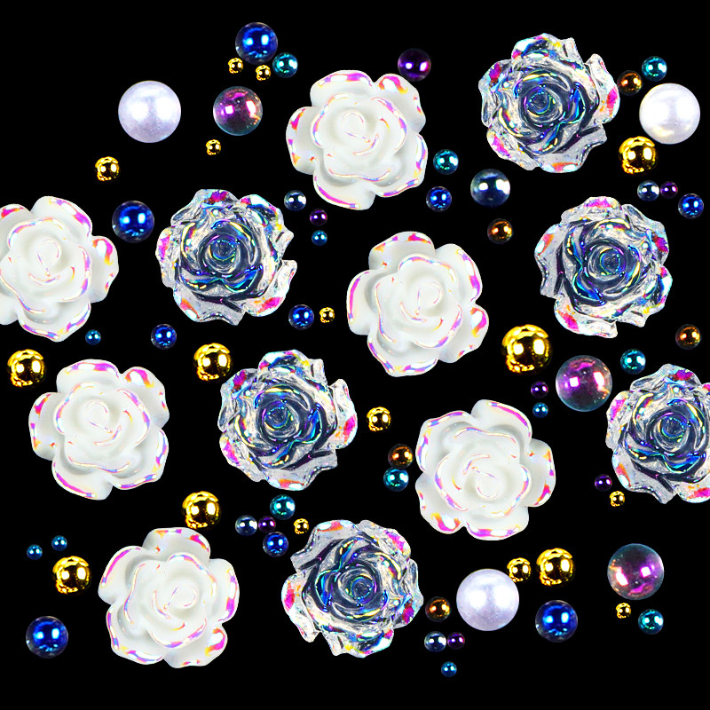 1Box Aurora AB Crystal Rose Flower Nail Art Dekoráció Strasszkő gyöngy gyöngy design Barkács köröm Kiegészítők Kellékek Profi