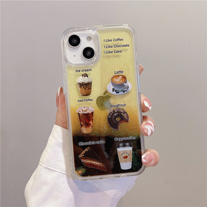 Калъф за телефон INS Coffee Cake Quicksand за iPhone 14 14Pro Max 13 Pro 12 11 XS XR X Clear Dynamic Liquid удароустойчив заден капак