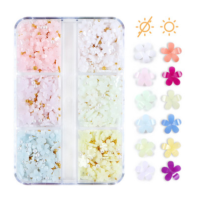 6 grile Componente de unghii din flori acrilice cu modificări de culoare. Mărgele de oțel amestecate Brelocuri Design Nail Art Decorare Accesorii de bijuterii DIY